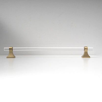 Transparent acrylic bar pull with flared metal mounts, shown at close range on a clean neutral background
