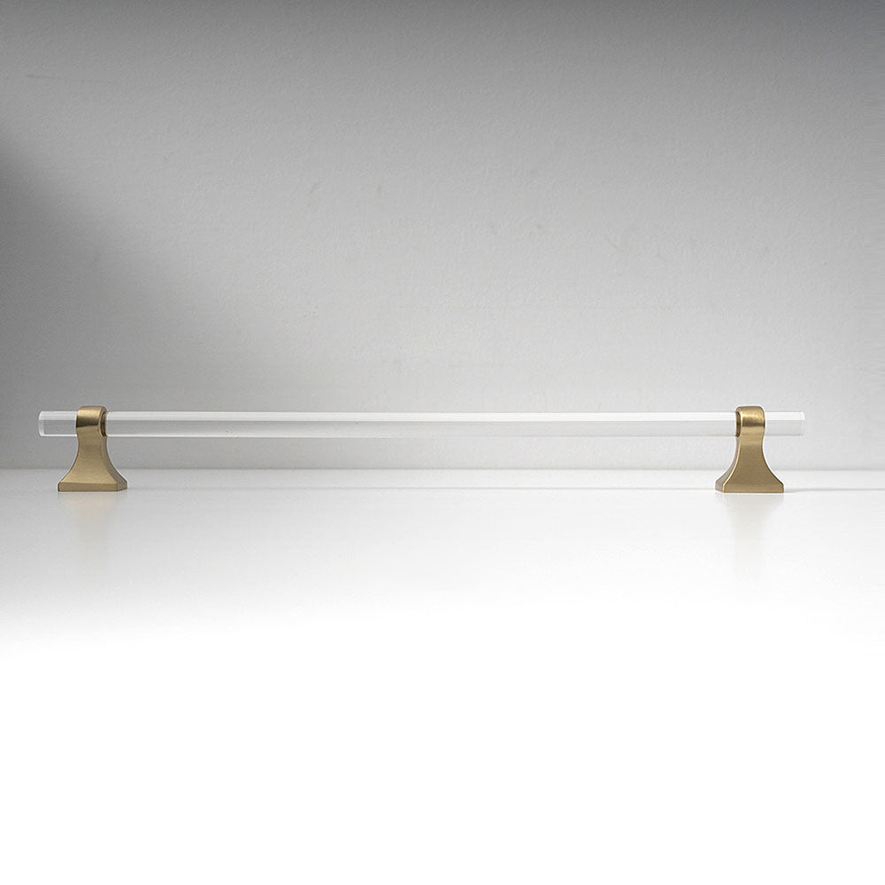 Transparent acrylic bar pull with flared metal mounts, displayed from the side on a clean neutral background