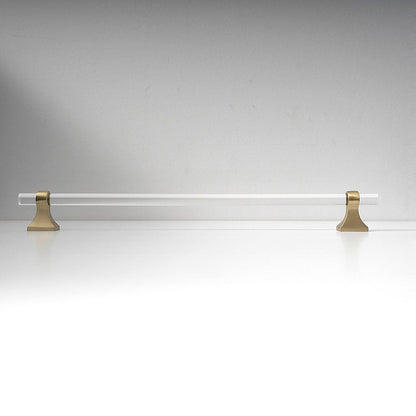 Transparent acrylic bar pull with flared metal mounts, displayed from the side on a clean neutral background
