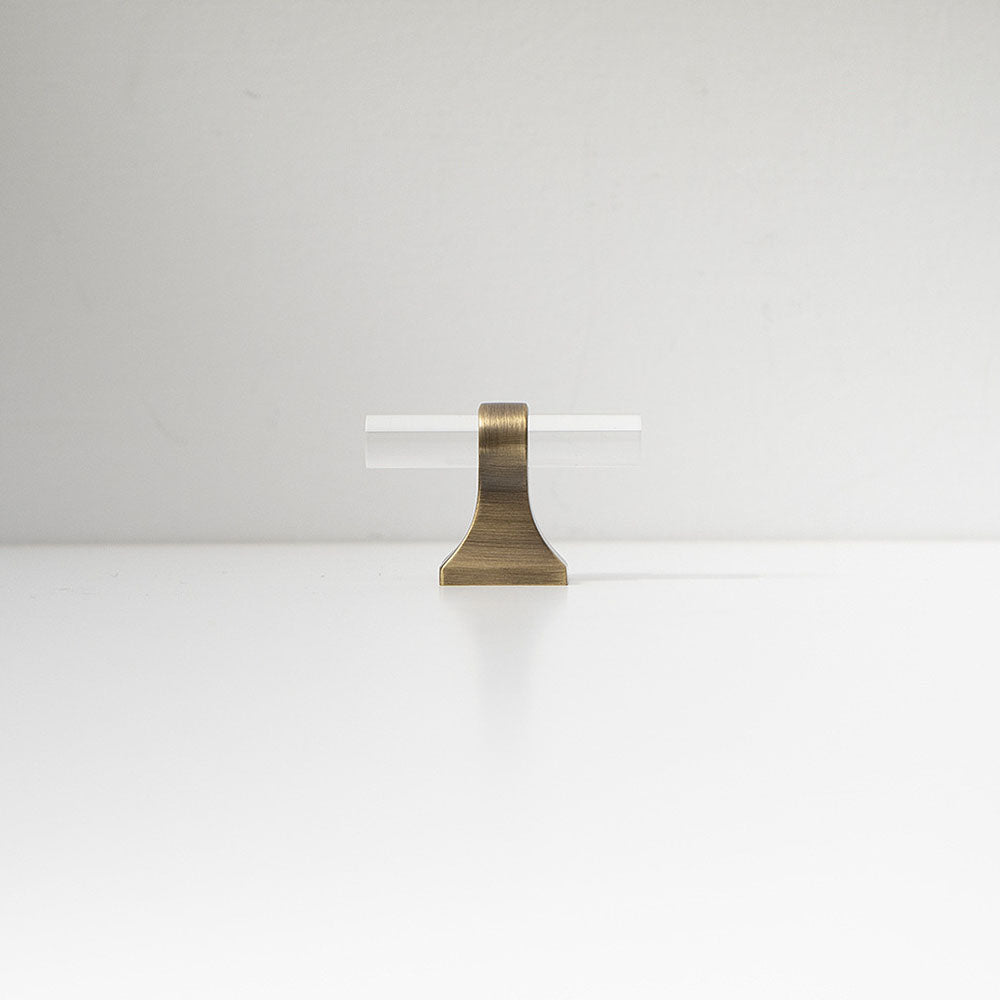Transparent acrylic bar pull with flared metal mounts, presented in another view on a clean neutral background