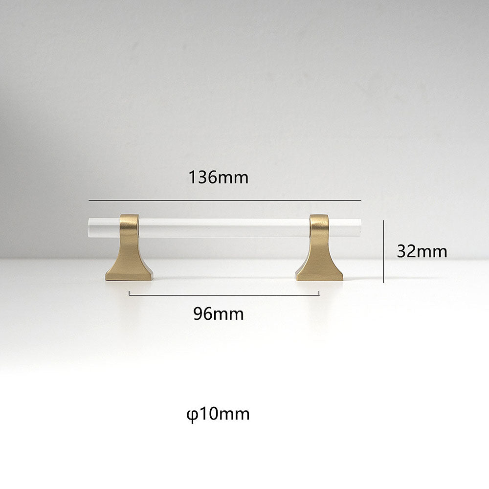 Transparent acrylic bar pull with flared metal mounts, shown clearly with dimensions and centers labeled