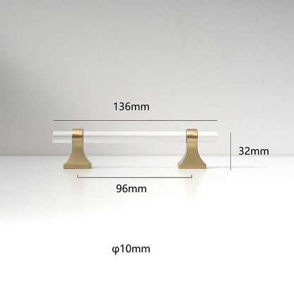 Transparent acrylic bar pull with flared metal mounts, shown clearly with dimensions and centers labeled