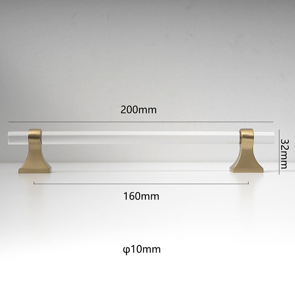 Transparent acrylic bar pull with flared metal mounts, pictured in one view with dimensions and centers labeled