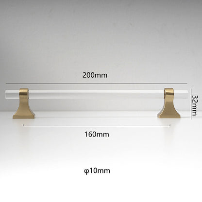 Transparent acrylic bar pull with flared metal mounts, pictured in one view with dimensions and centers labeled