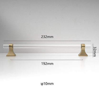 Transparent acrylic bar pull with flared metal mounts, presented for reference with dimensions and centers labeled