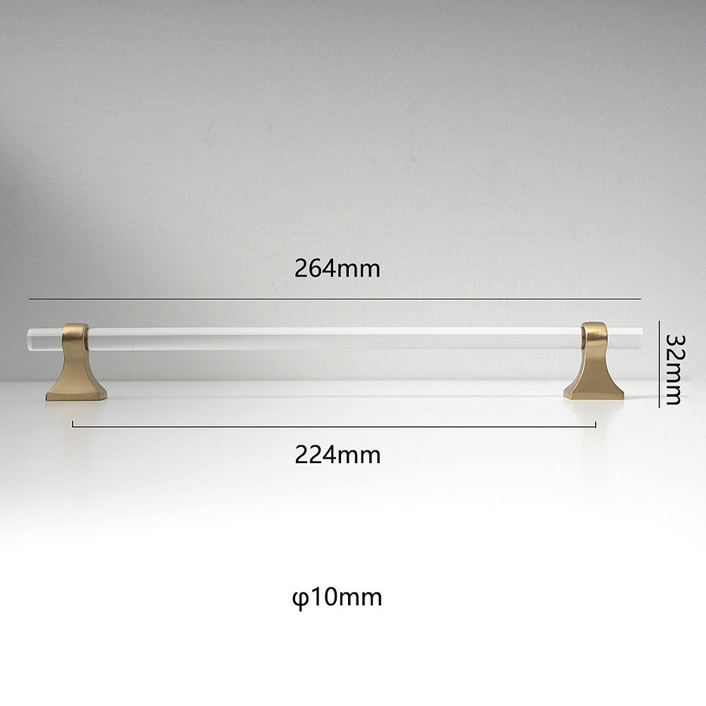 Transparent acrylic bar pull with flared metal mounts, shown at close range with dimensions and centers labeled