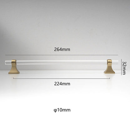 Transparent acrylic bar pull with flared metal mounts, shown at close range with dimensions and centers labeled