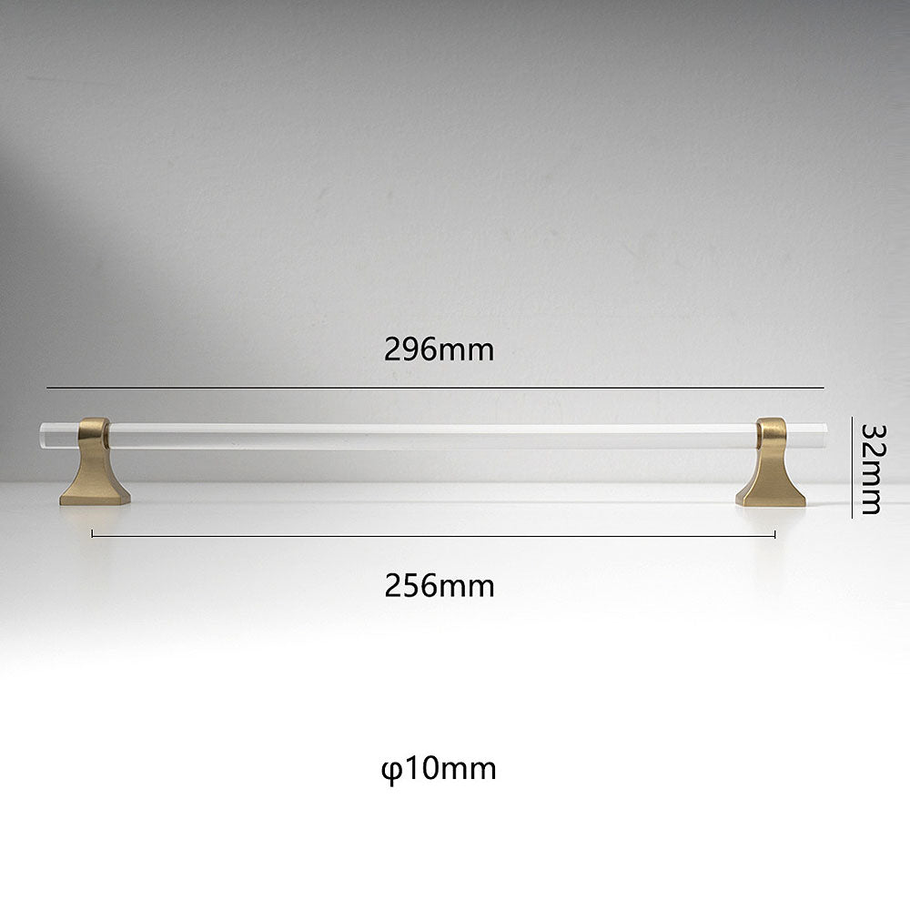 Transparent acrylic bar pull with flared metal mounts, displayed from the side with dimensions and centers labeled