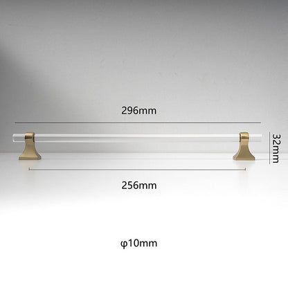 Transparent acrylic bar pull with flared metal mounts, displayed from the side with dimensions and centers labeled