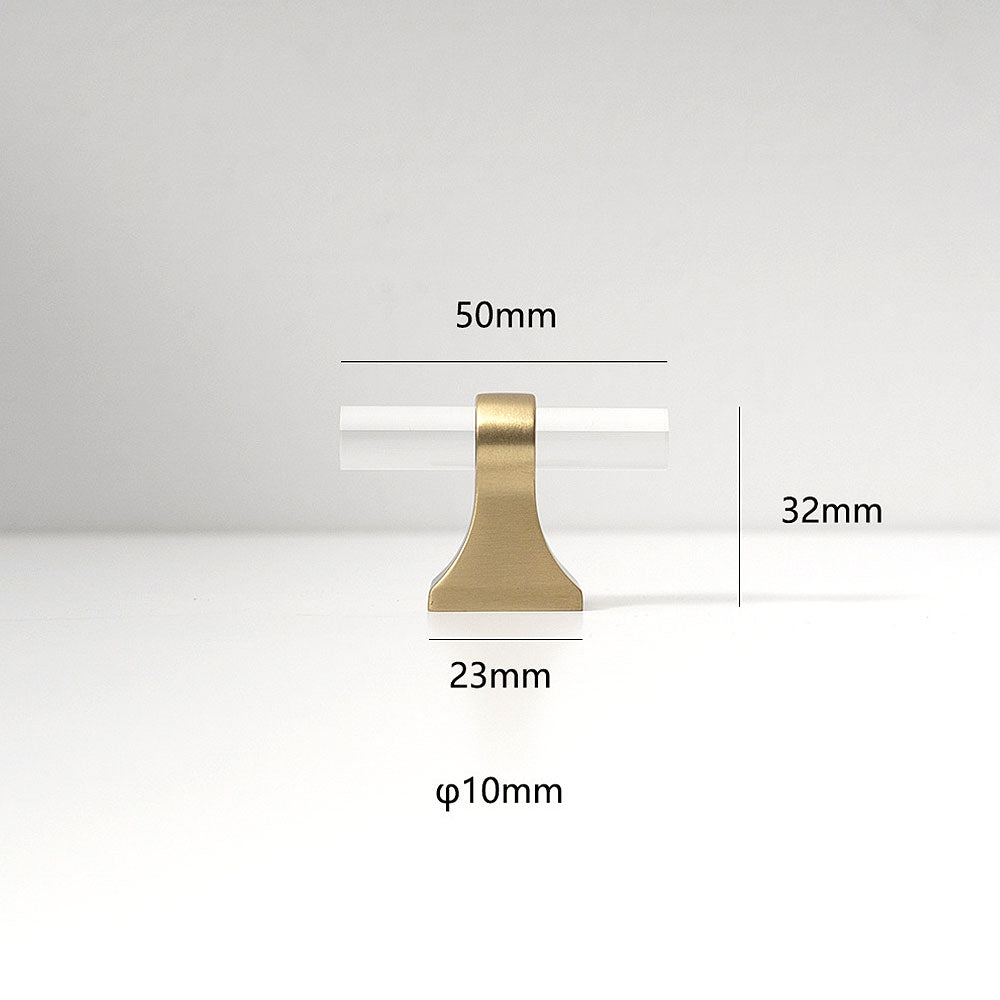 Transparent acrylic bar pull with flared metal mounts, shown in a focused view with dimensions and centers labeled