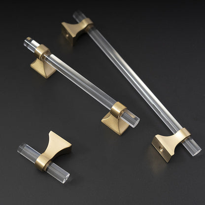 Transparent acrylic bar pull with flared metal mounts, shown from one angle as a color and finish lineup