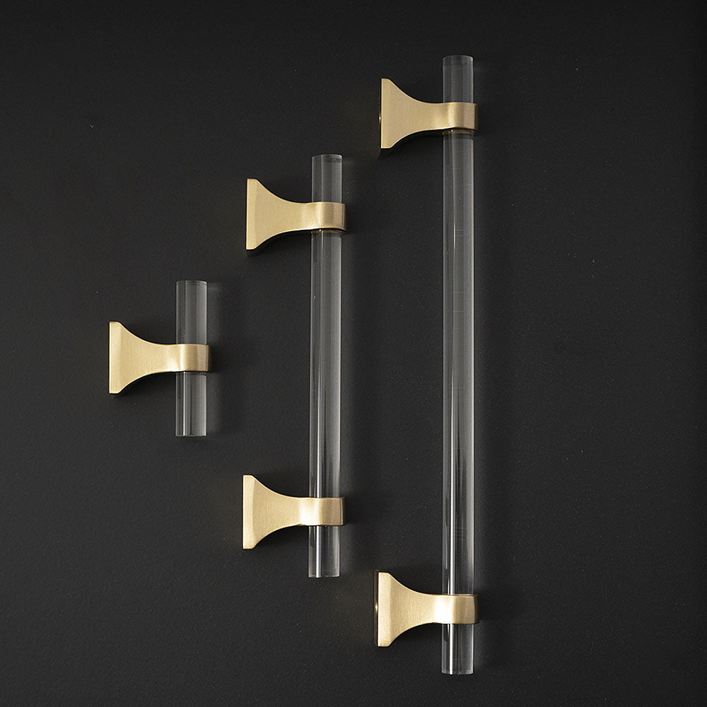 Transparent acrylic bar pull with flared metal mounts, pictured in one view as a color and finish lineup