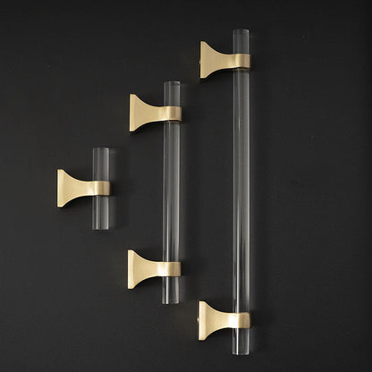 Transparent acrylic bar pull with flared metal mounts, pictured in one view as a color and finish lineup