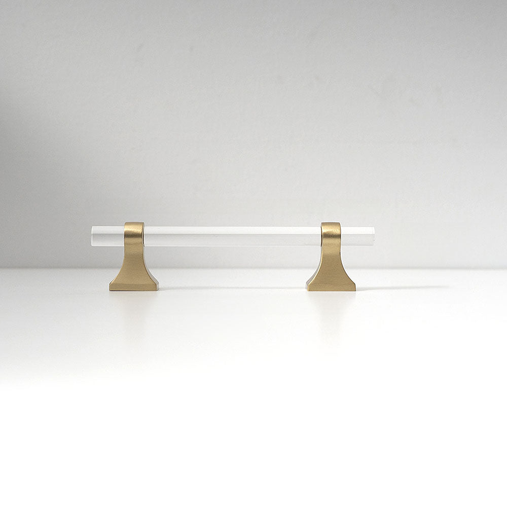 Transparent acrylic bar pull with flared metal mounts, shown clearly on a clean neutral background