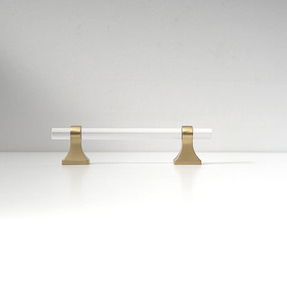 Transparent acrylic bar pull with flared metal mounts, shown clearly on a clean neutral background