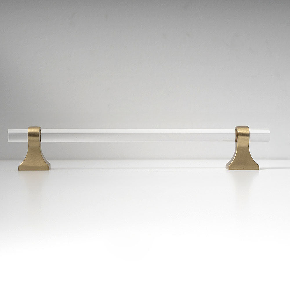 Transparent acrylic bar pull with flared metal mounts, pictured in one view on a clean neutral background