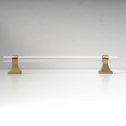 Transparent acrylic bar pull with flared metal mounts, pictured in one view on a clean neutral background