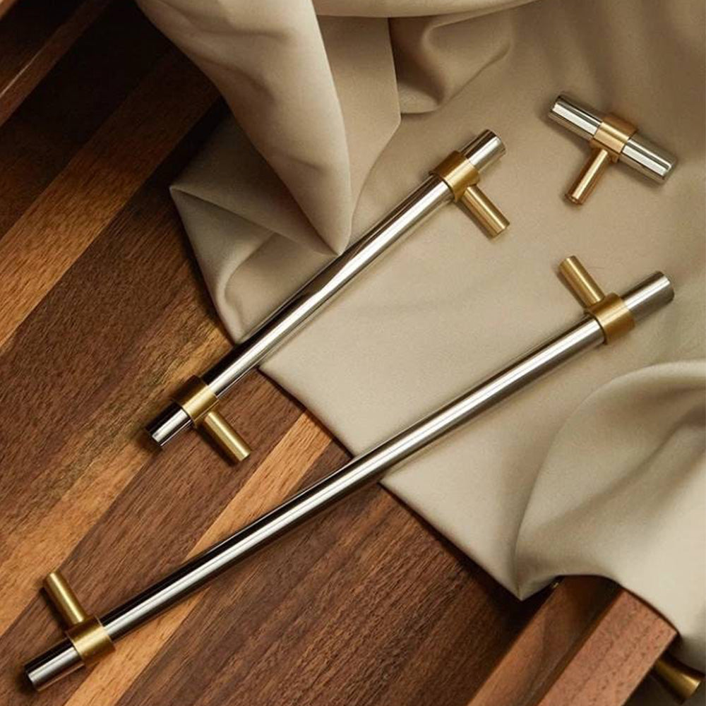 Comforsyco Two-Tone Round Bar Cabinet Handles with Brass Feet