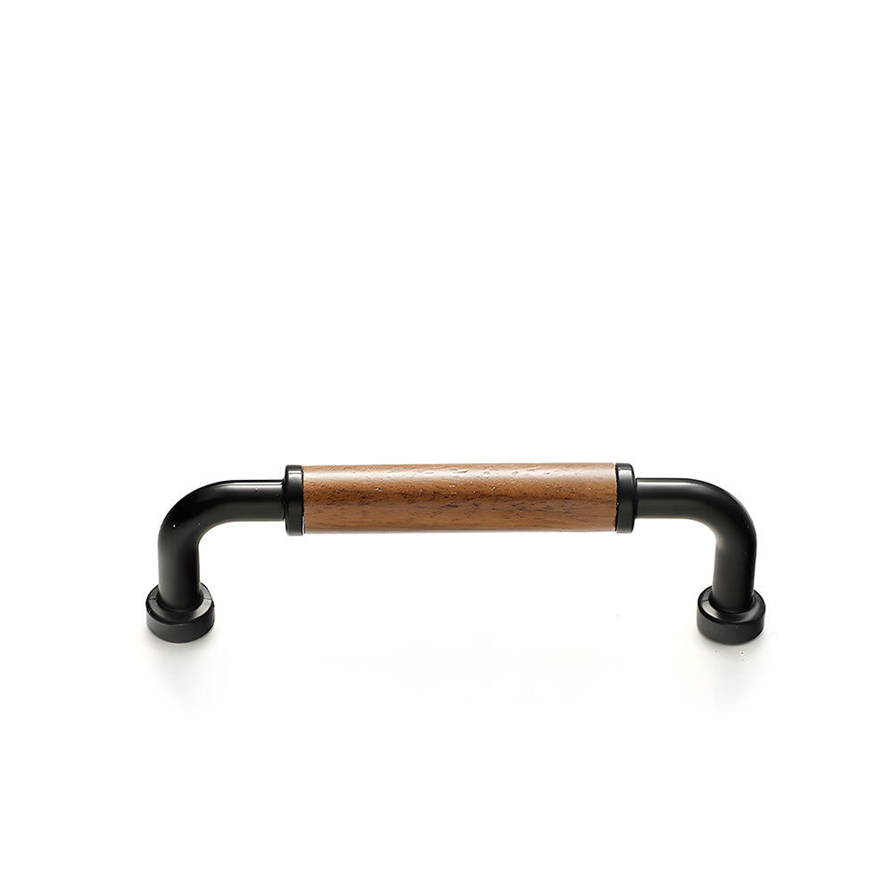 Two-tone wood and metal cabinet pull, shown from one angle on a clean neutral background
