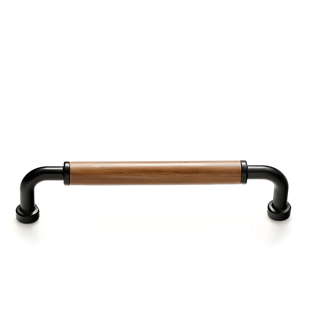 Black two-tone wood and metal cabinet pull, pictured in one view on a clean neutral background