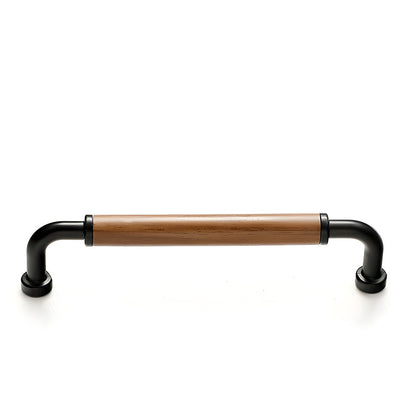Black two-tone wood and metal cabinet pull, pictured in one view on a clean neutral background