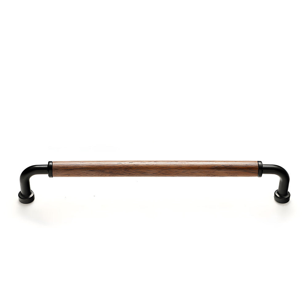 Black two-tone wood and metal cabinet pull, presented for reference on a clean neutral background