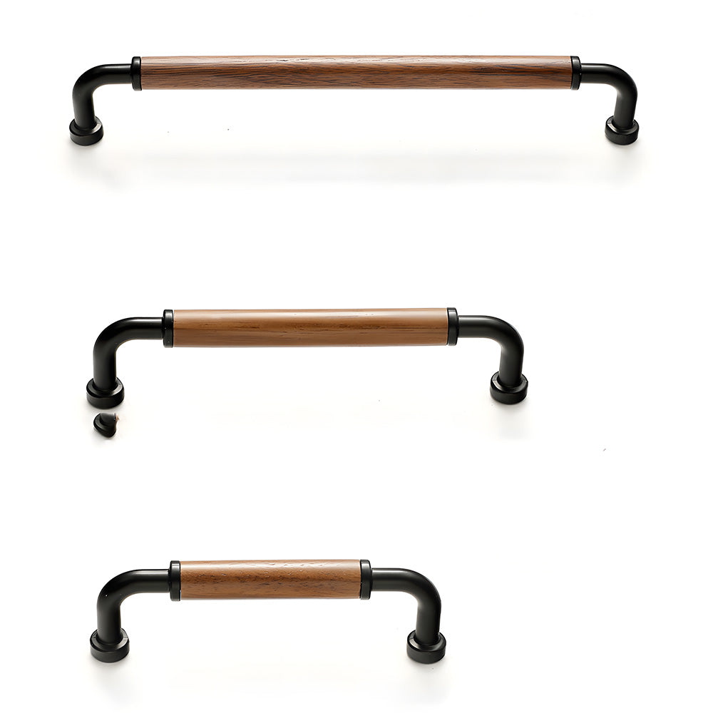 Two-tone wood and metal cabinet pull, presented in another view as a color and finish lineup
