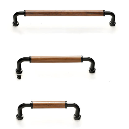 Two-tone wood and metal cabinet pull, presented in another view as a color and finish lineup