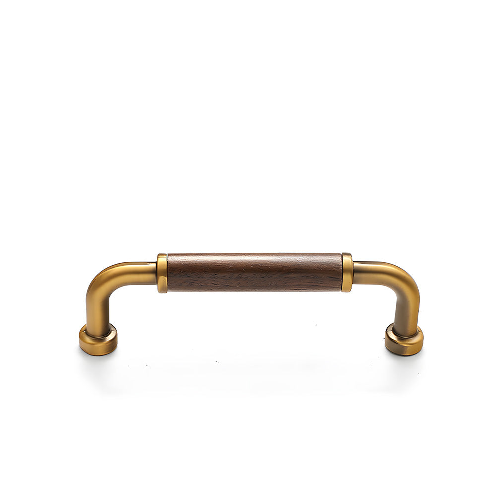 Bronze two-tone wood and metal cabinet pull, shown at close range on a clean neutral background