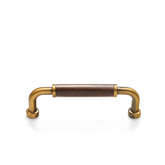 Bronze two-tone wood and metal cabinet pull, shown at close range on a clean neutral background