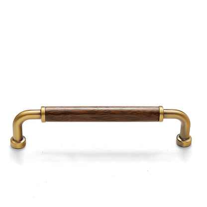 Bronze two-tone wood and metal cabinet pull, displayed from the side on a clean neutral background