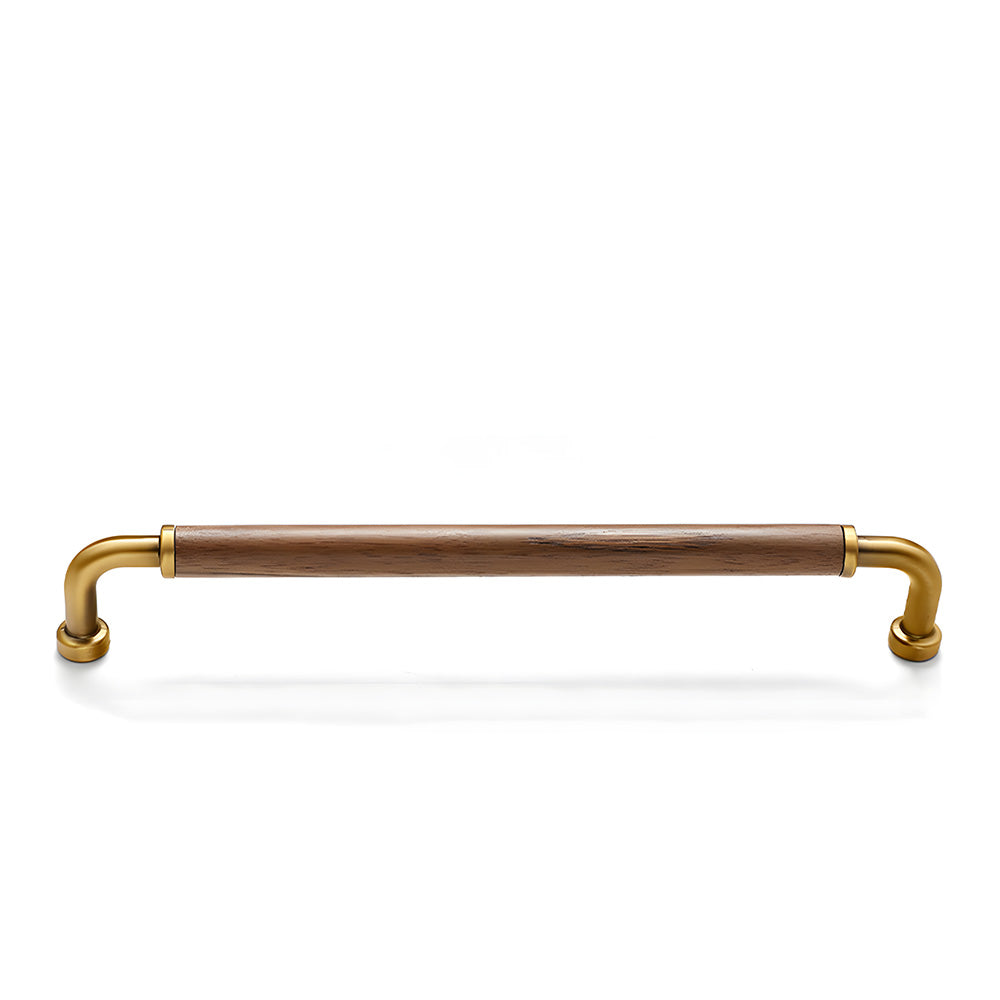 Bronze two-tone wood and metal cabinet pull, shown in a focused view on a clean neutral background