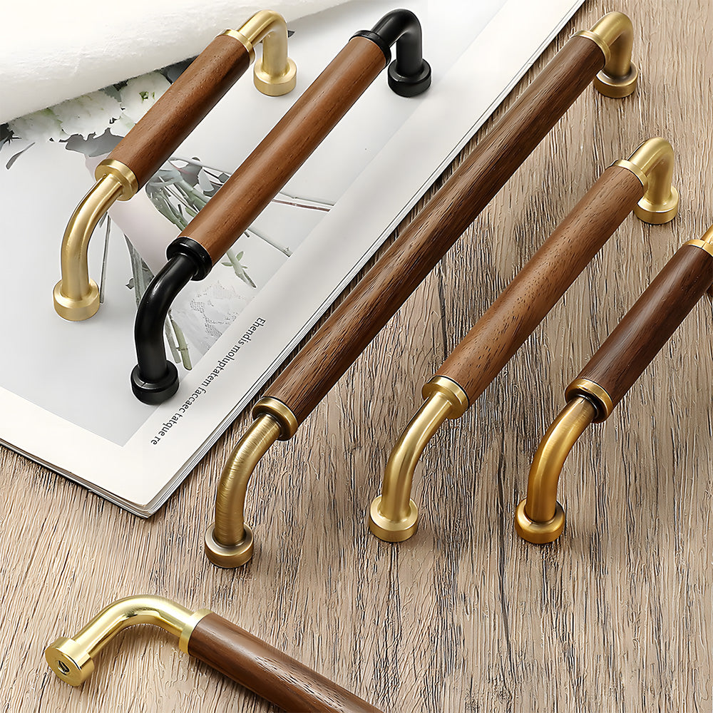 Two-tone wood and metal cabinet pull, shown clearly as a color and finish lineup