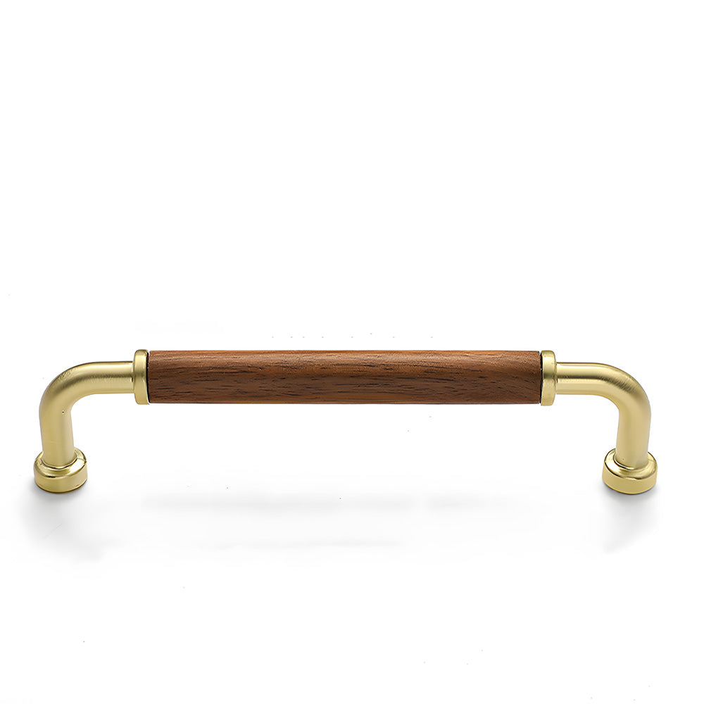 Gold two-tone wood and metal cabinet pull, shown clearly with its shape and finish visible