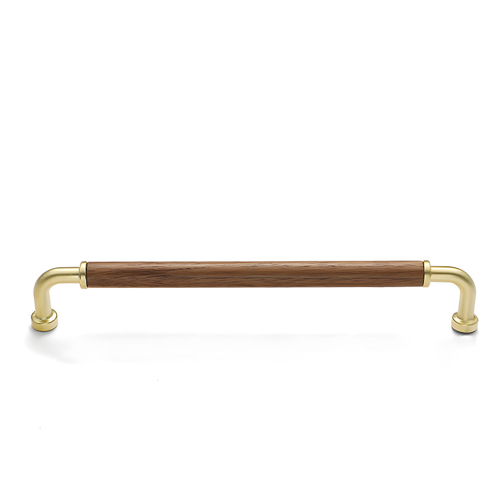 Gold two-tone wood and metal cabinet pull, shown from one angle with its shape and finish visible