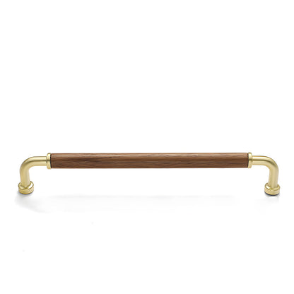 Gold two-tone wood and metal cabinet pull, shown from one angle with its shape and finish visible