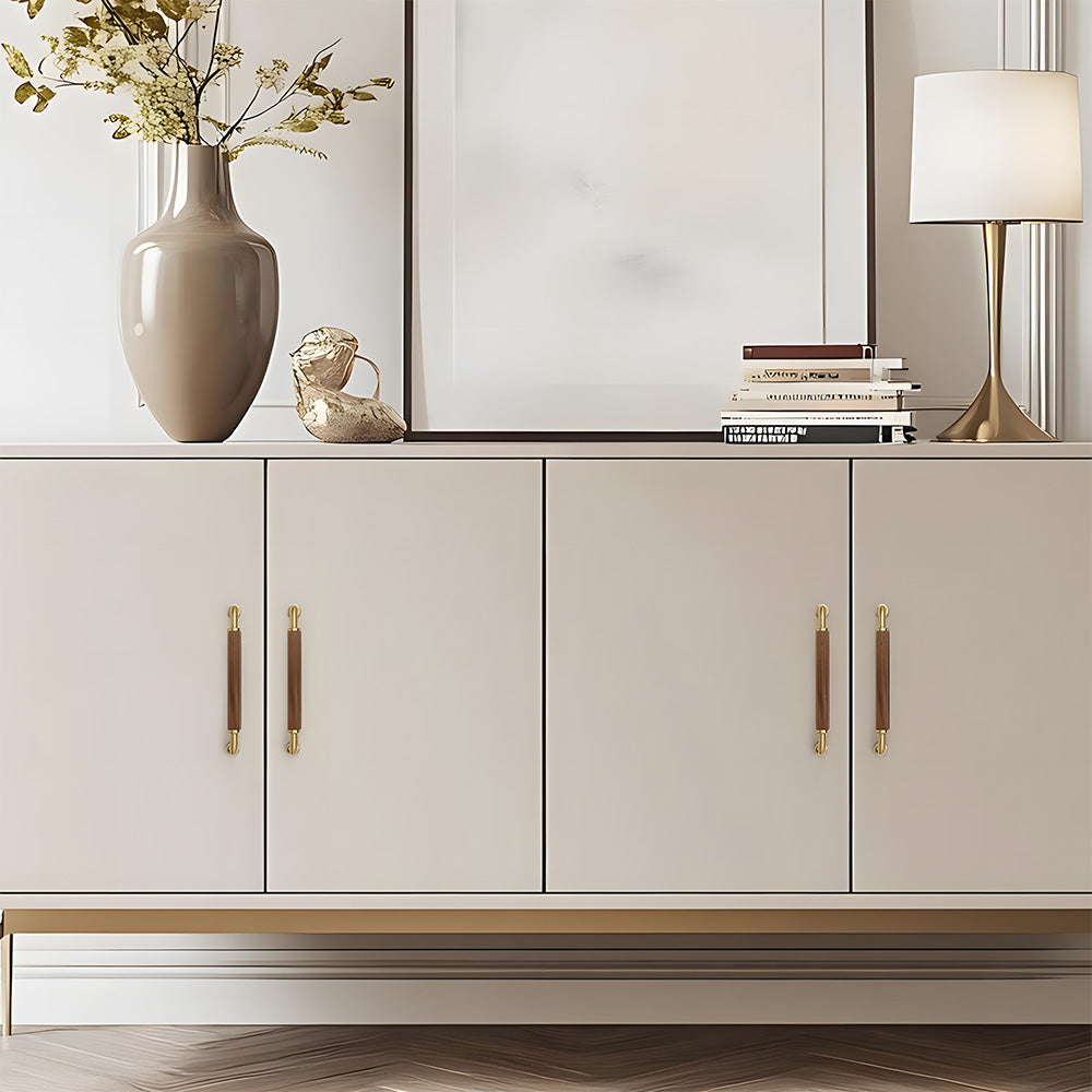 Two-tone wood and metal cabinet pull, presented for reference installed on cabinetry in context