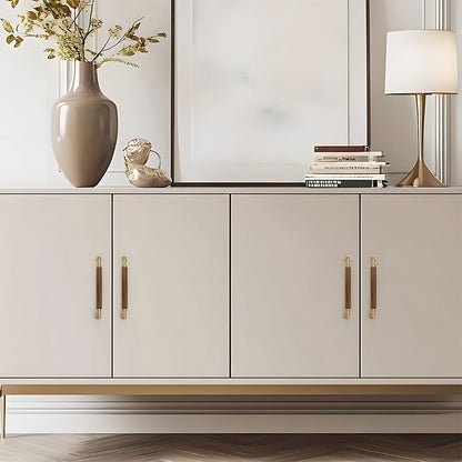 Two-tone wood and metal cabinet pull, presented for reference installed on cabinetry in context
