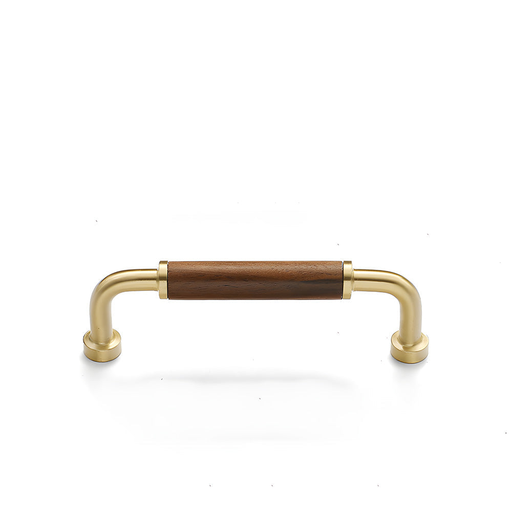 Brushed gold two-tone wood and metal cabinet pull, pictured in one view with its shape and finish visible