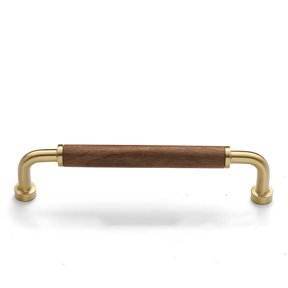 Brushed gold two-tone wood and metal cabinet pull, presented for reference with its shape and finish visible