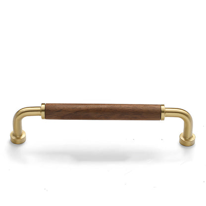 Brushed gold two-tone wood and metal cabinet pull, presented for reference with its shape and finish visible