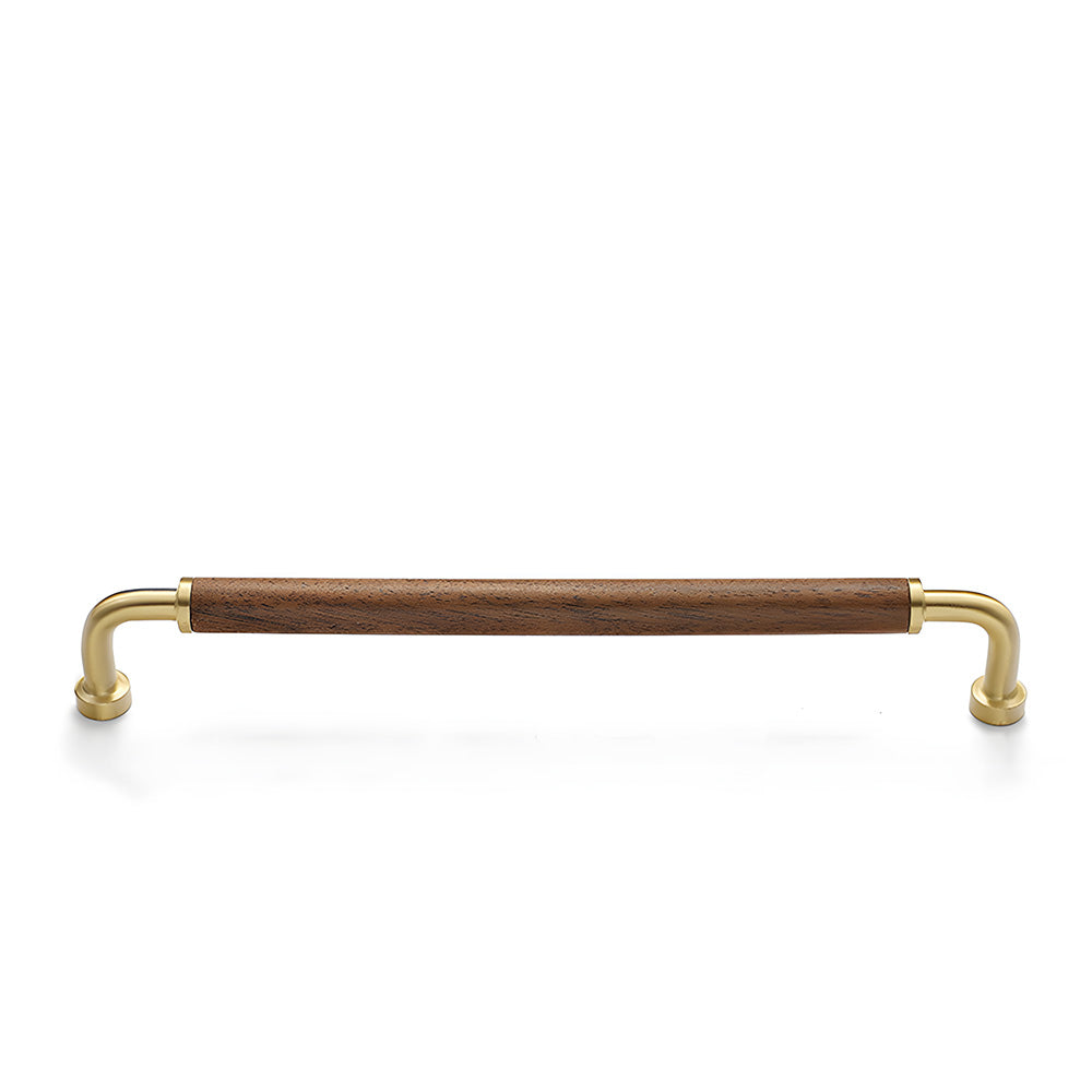Brushed gold two-tone wood and metal cabinet pull, shown at close range with its shape and finish visible
