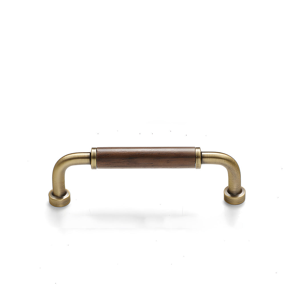 Antique bronze two-tone wood and metal cabinet pull, displayed from the side with its shape and finish visible