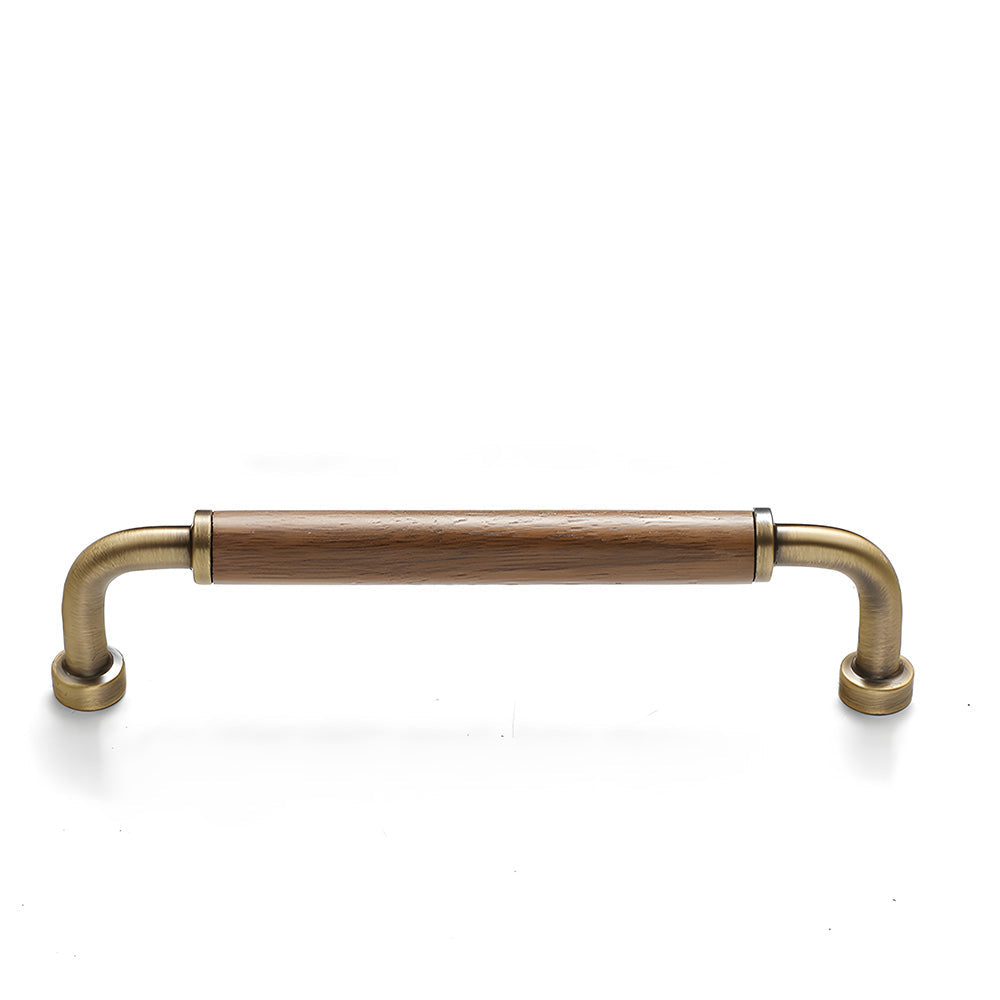Two-tone wood and metal cabinet pull, shown in a focused view with its shape and finish visible