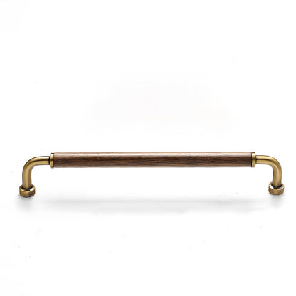 Antique bronze two-tone wood and metal cabinet pull, presented in another view with its shape and finish visible