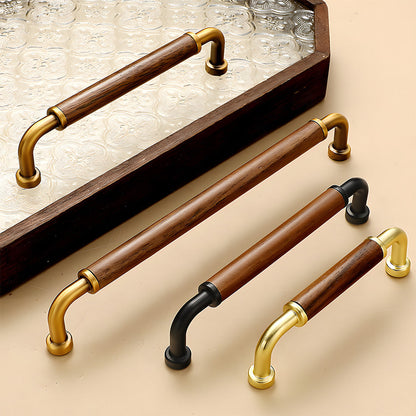 Two-tone wood and metal cabinet pull, shown from one angle as a color and finish lineup