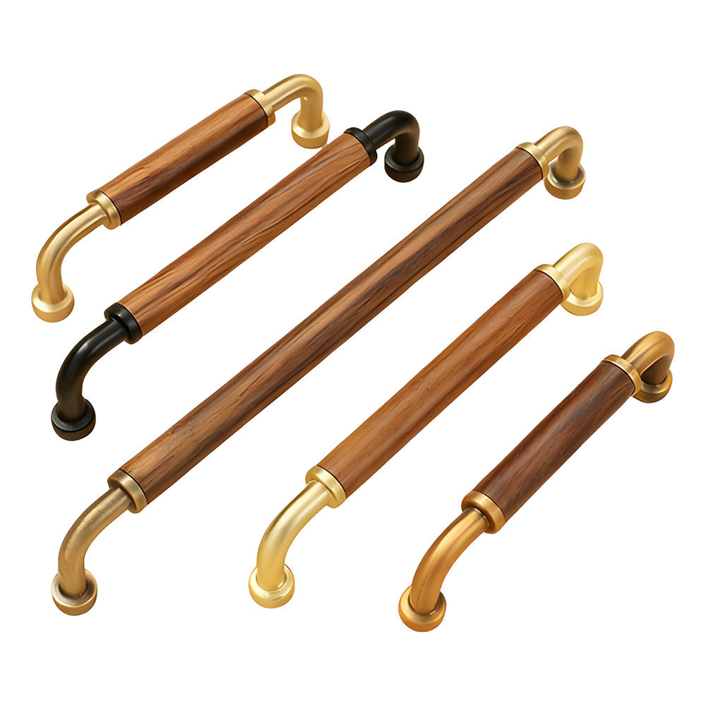 Two-tone wood and metal cabinet pull, shown clearly with available finishes visible