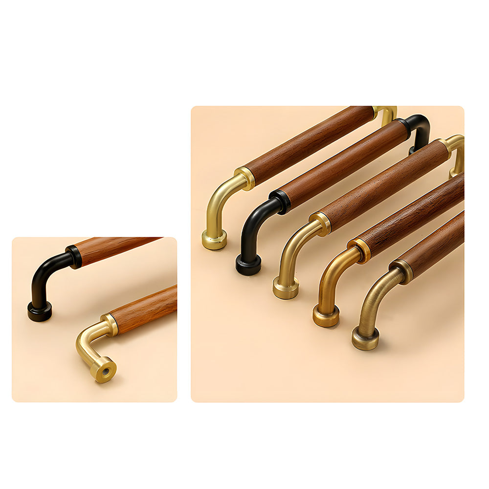 Two-tone wood and metal cabinet pull, shown clearly in a multi-view product collage