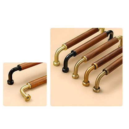 Two-tone wood and metal cabinet pull, shown clearly in a multi-view product collage