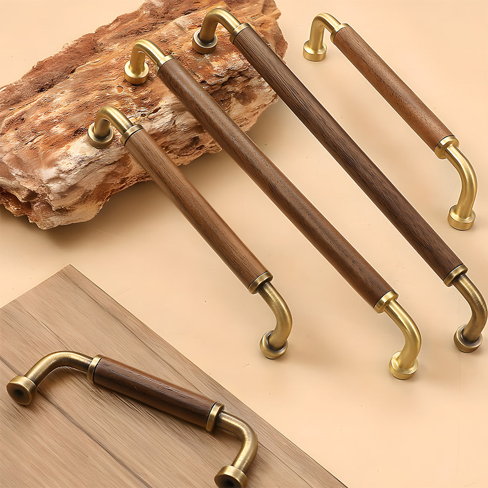 Two-tone wood and metal cabinet pull, pictured in one view as a color and finish lineup